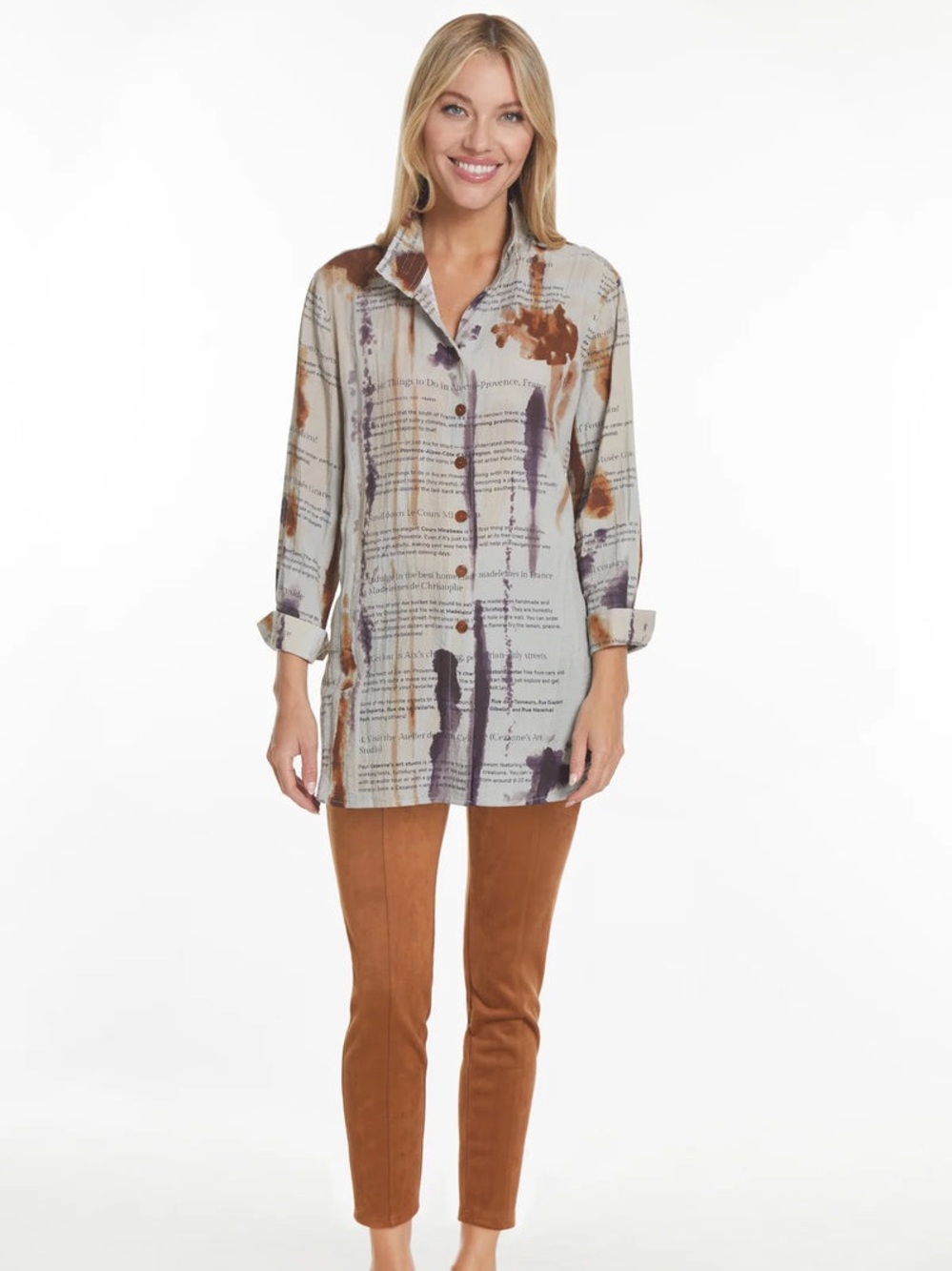 John Mark Boho Abstract Script Print Button Shirt Sz L Artsy Tie Dye France Text